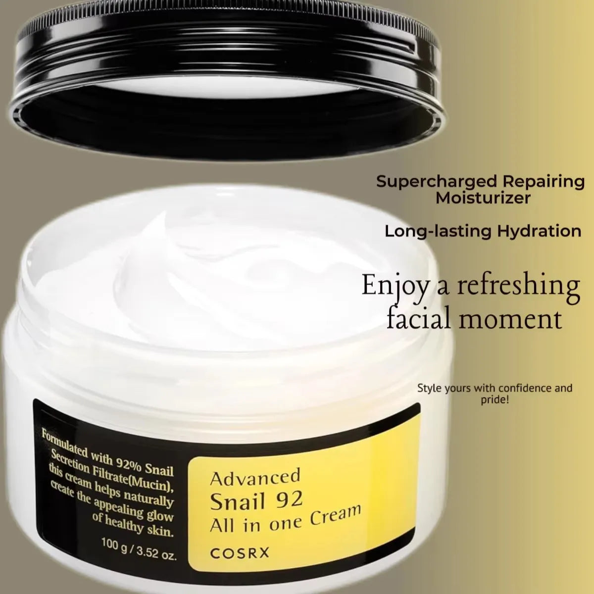 COSRX Snail Mucin 92% Moisturizer 3.52Oz/ 100G, Daily Face Gel Cream for Dry, Sensitive Skin