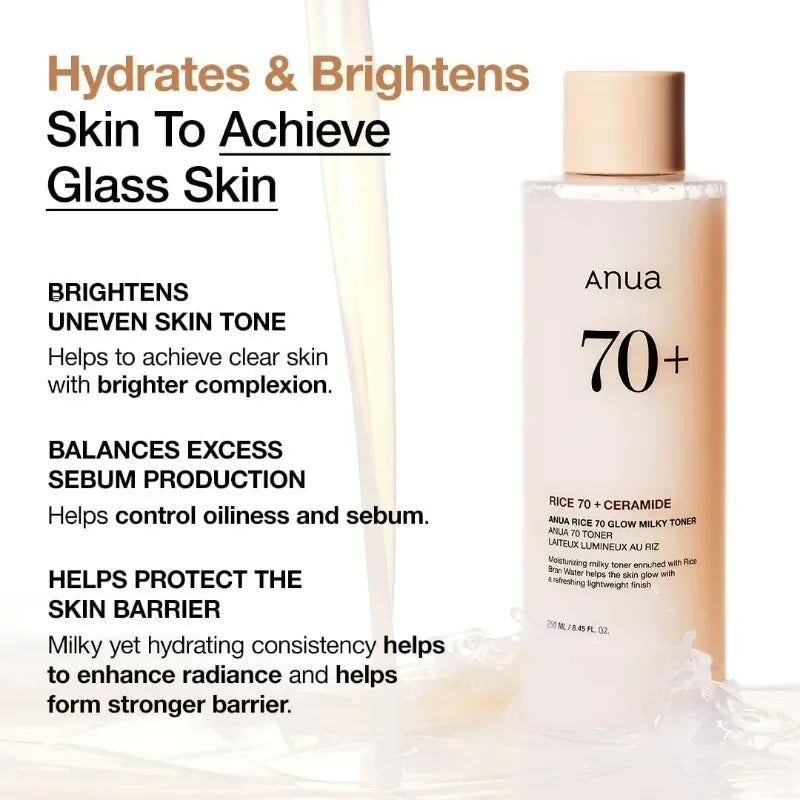 Anua Rice 70 Glow Milk White Toner for Glass Skin Rice Hideamin Panthenol Korean Skin Care 250Ml